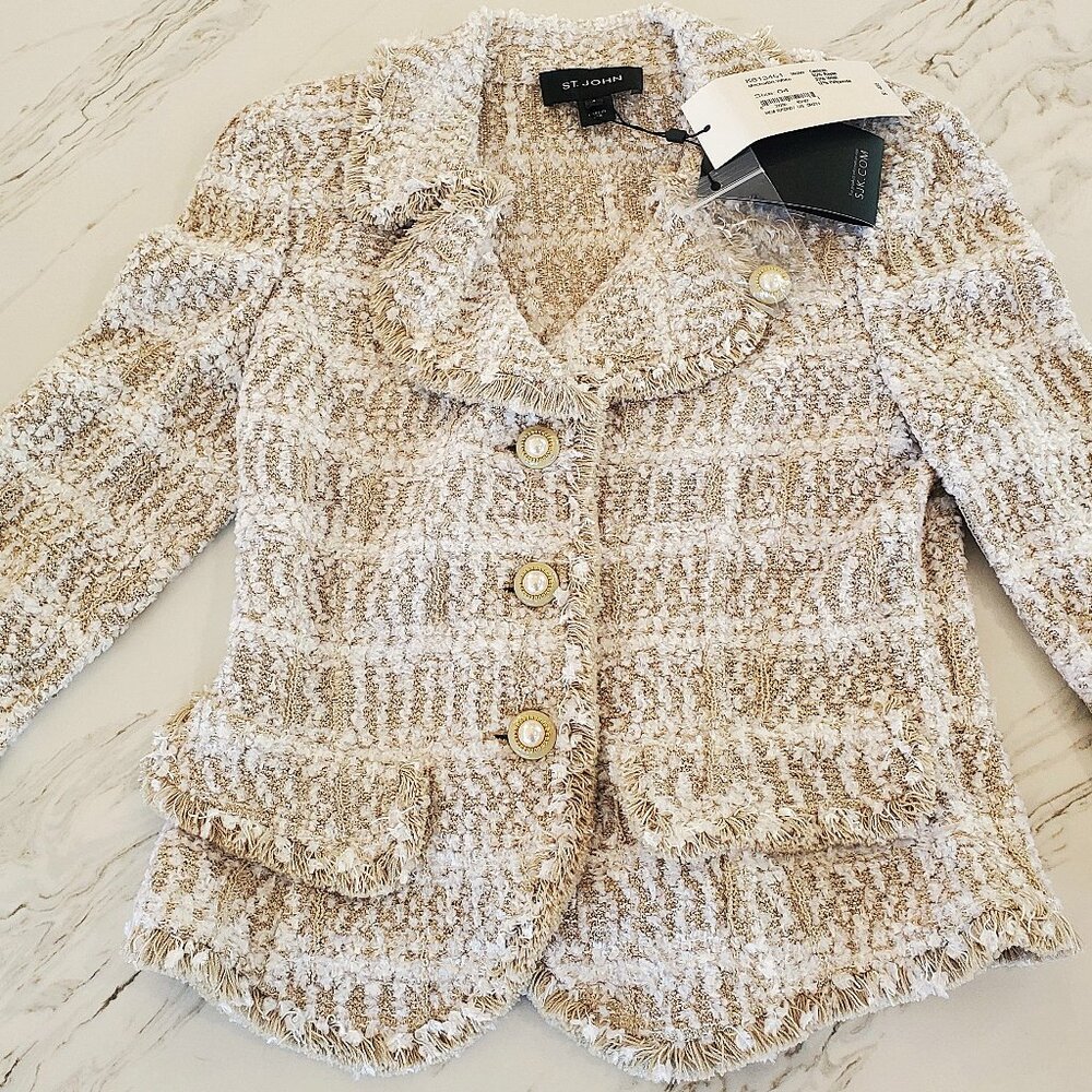 St. John Couture Mocha & White Eyelash Tweed Knit Jacket w TAGS ON-NEVER WORN
